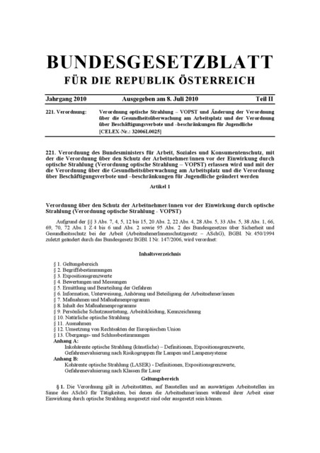 Abbildung der ersten Absätze der Verordnung Optische Strahlung (VOPST)